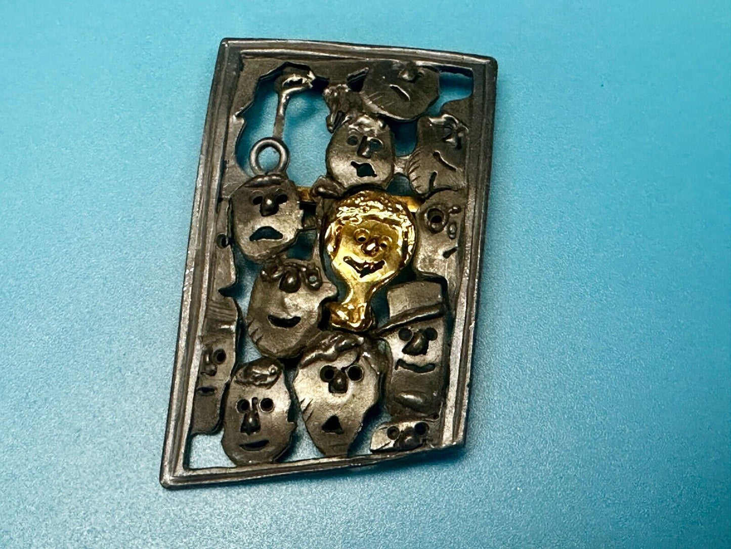 The Standout! Many Faces in Asymmetric Frame Vintage Pewter Brooch Pin by Ultra