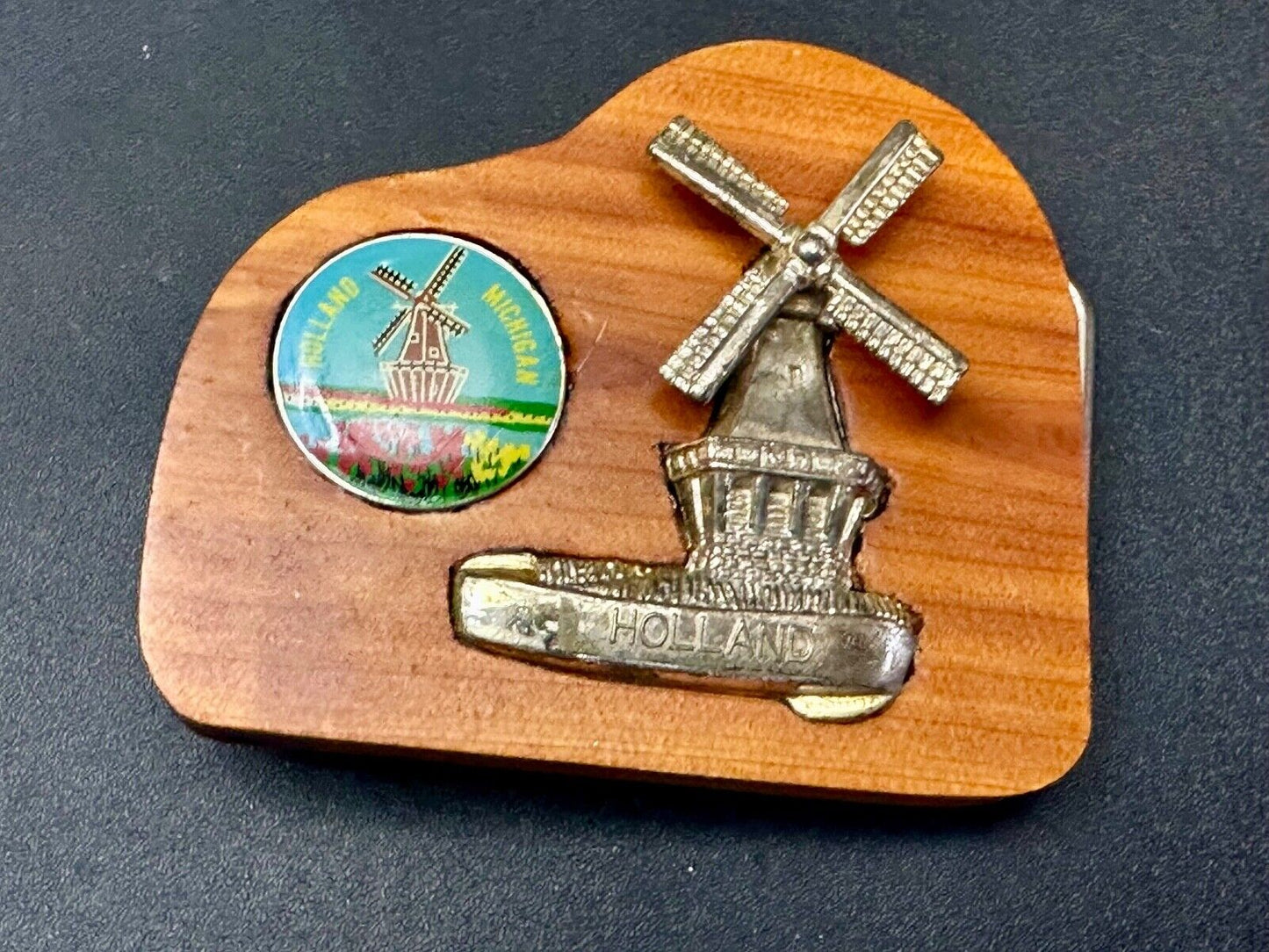 Vintage Artisan Inlaid Holland Michigan Pin and windmill Into wooden Belt Buckle
