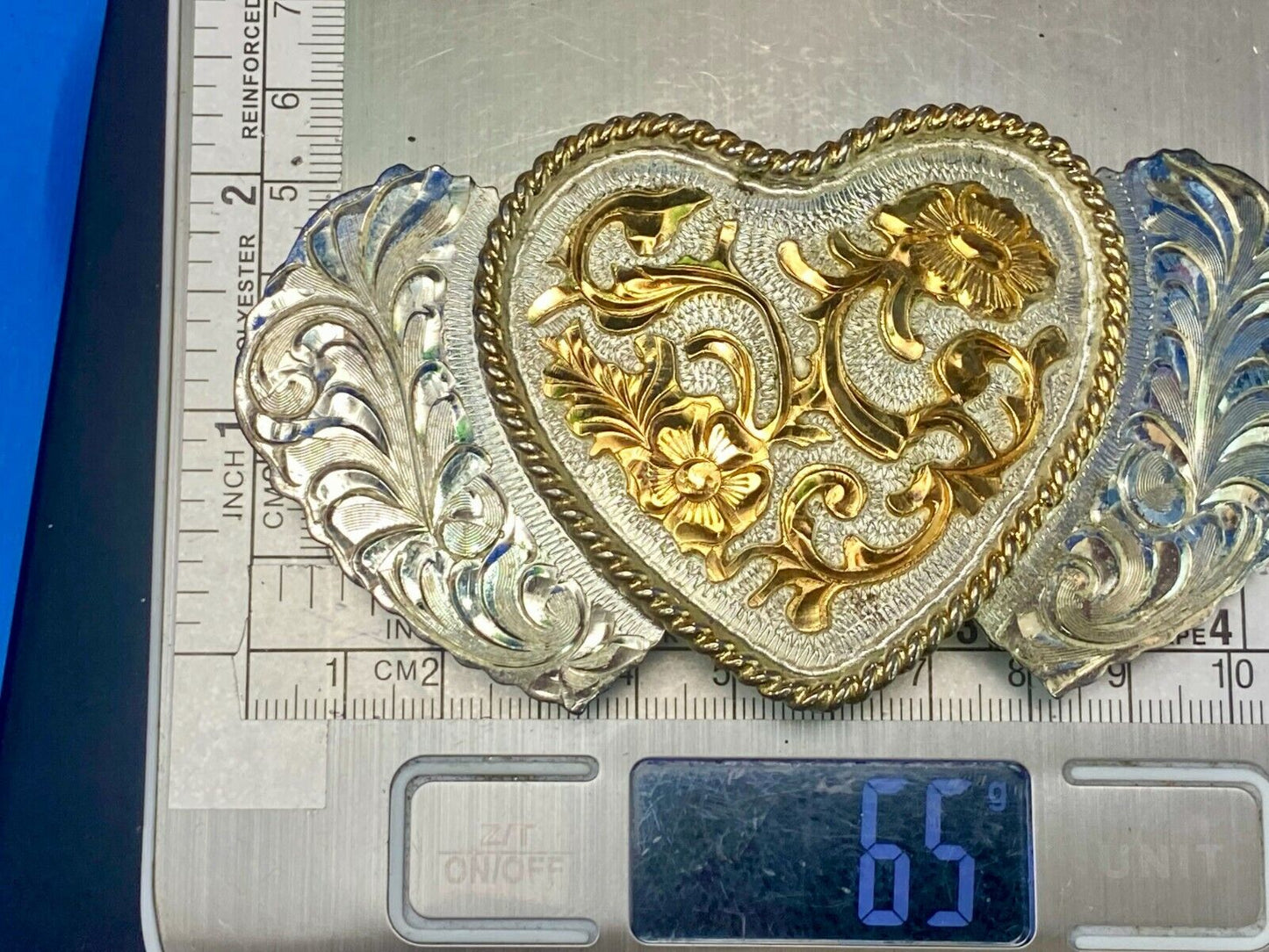Three Hearts Flower Ornate Quality! Jg Hallmark Vintage Belt Buckle