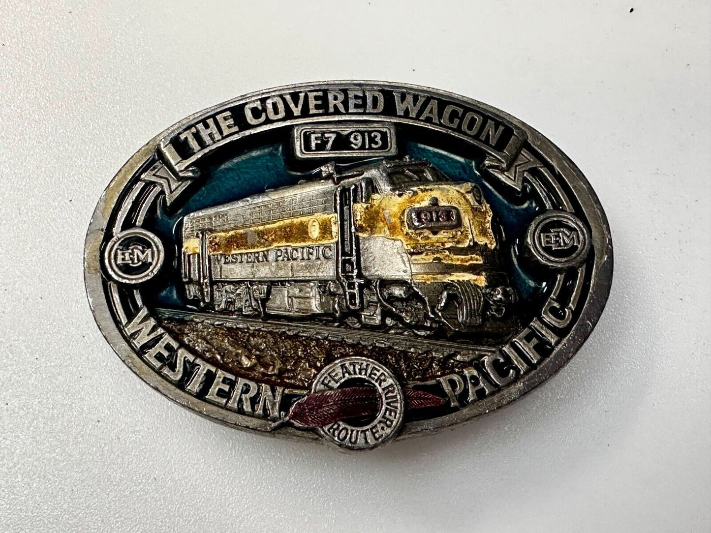 The Covered Wagon Western Pacific Train RR F7 913 EMD VTG 1986 Belt Buckle by CJ