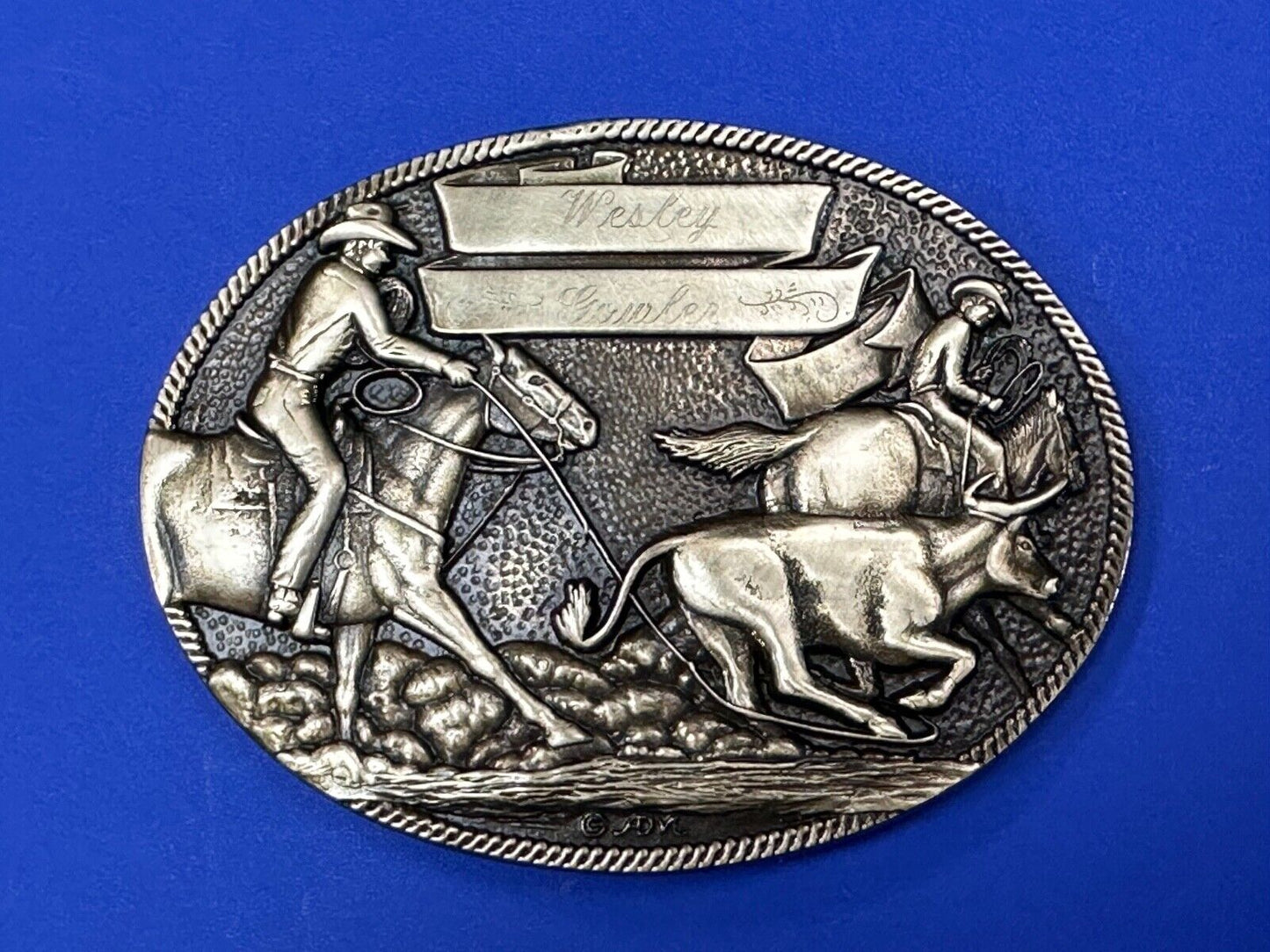 The Cattle Drive Western Rodeo Cowboys engraved award ribbon scroll belt buckle
