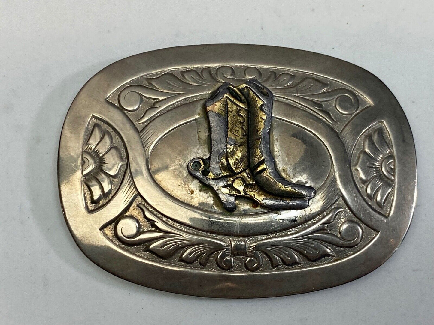 Vintage Cowboy Boots Centered On Western Belt Buckle By Chambers