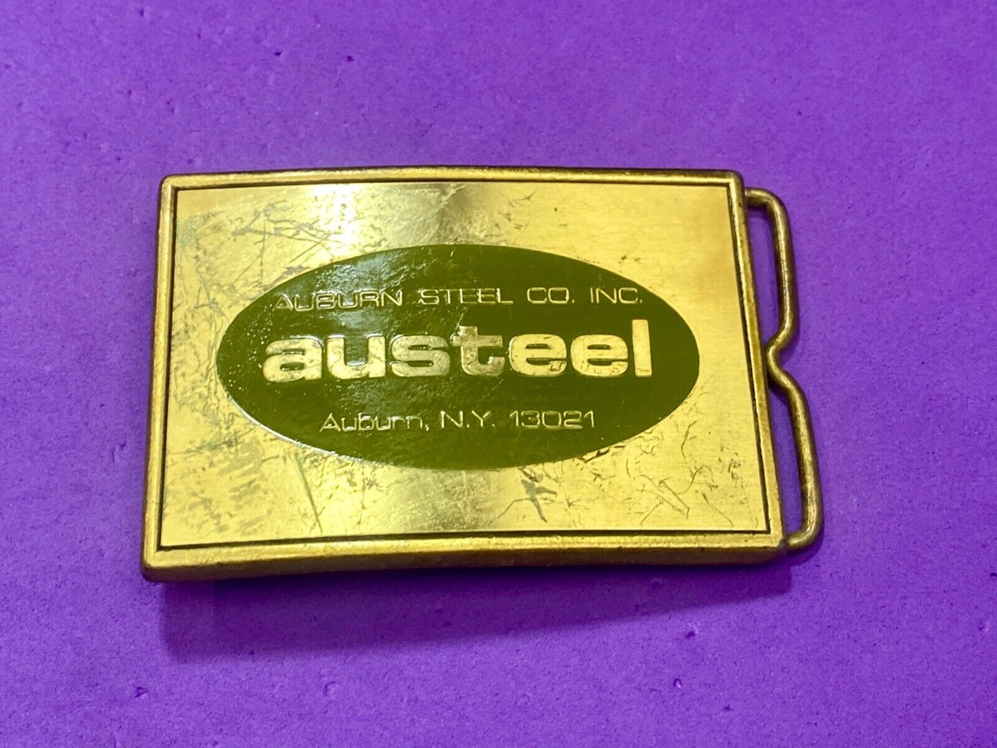 AUSTEEL Alburn Steel Company INC NY 13021 promo belt buckle by RJ