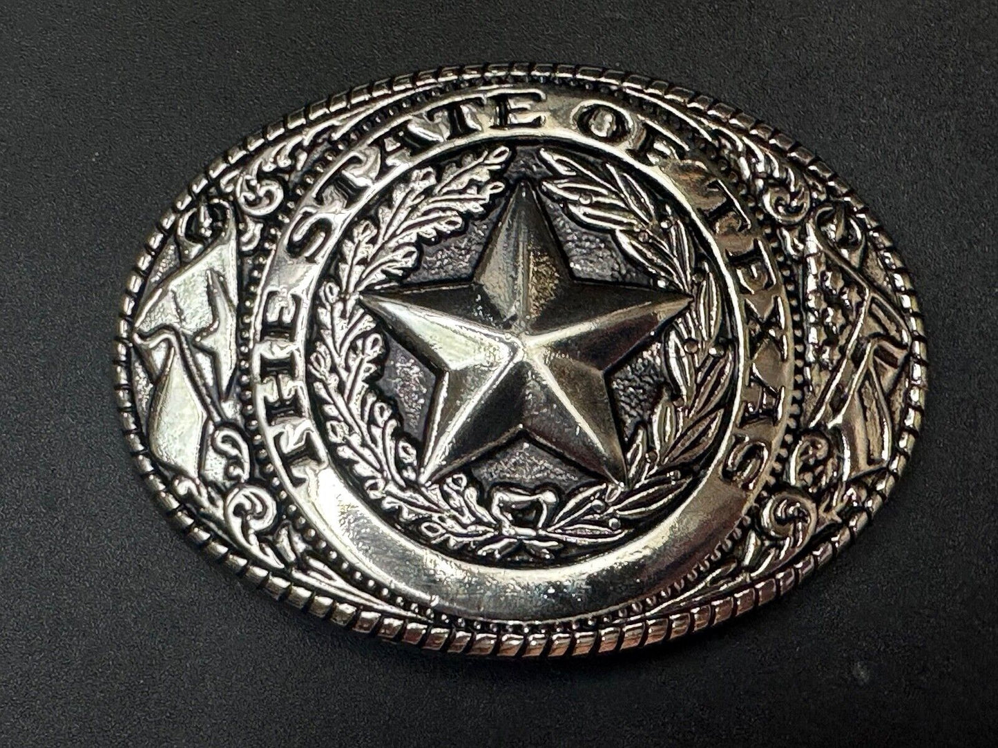The Great State of TEXAS Star Flag Olive Branch Silver color oval Belt Buckle