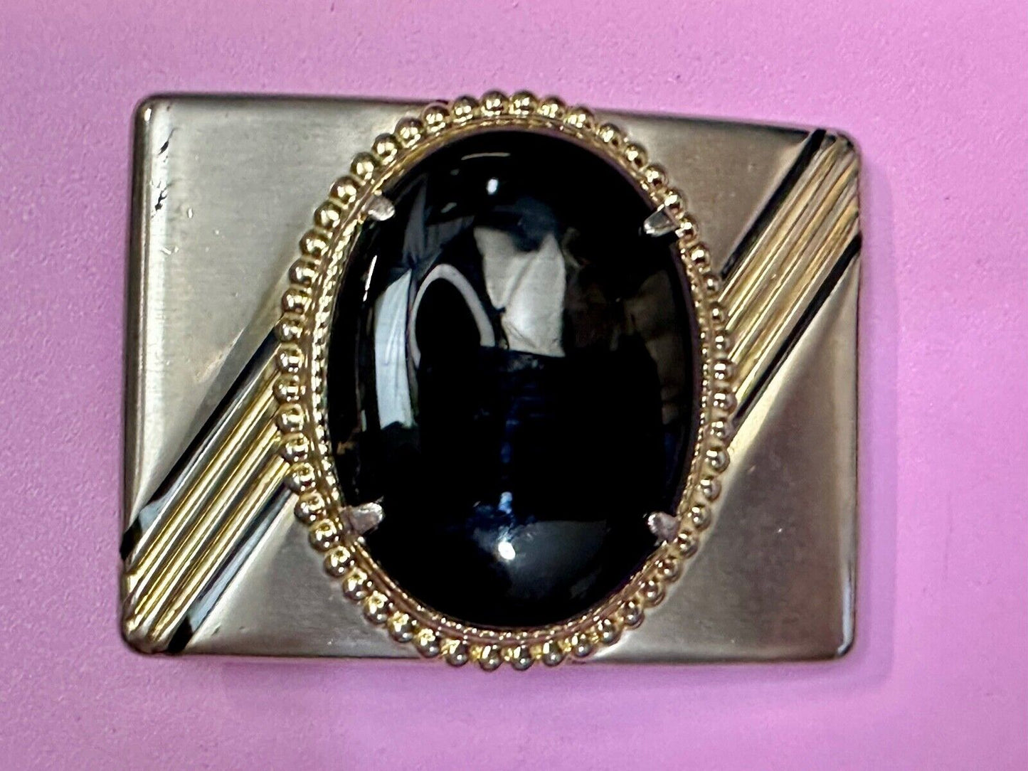 BALCK AGATE Cabochon Stone Centerpiece on retro sideways striped Belt Buckle
