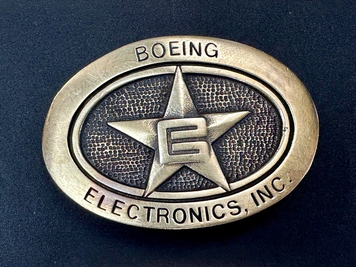 Vintage Boeing Electronics Inc Solid Brass BTS 1978 belt buckle Star Emblem