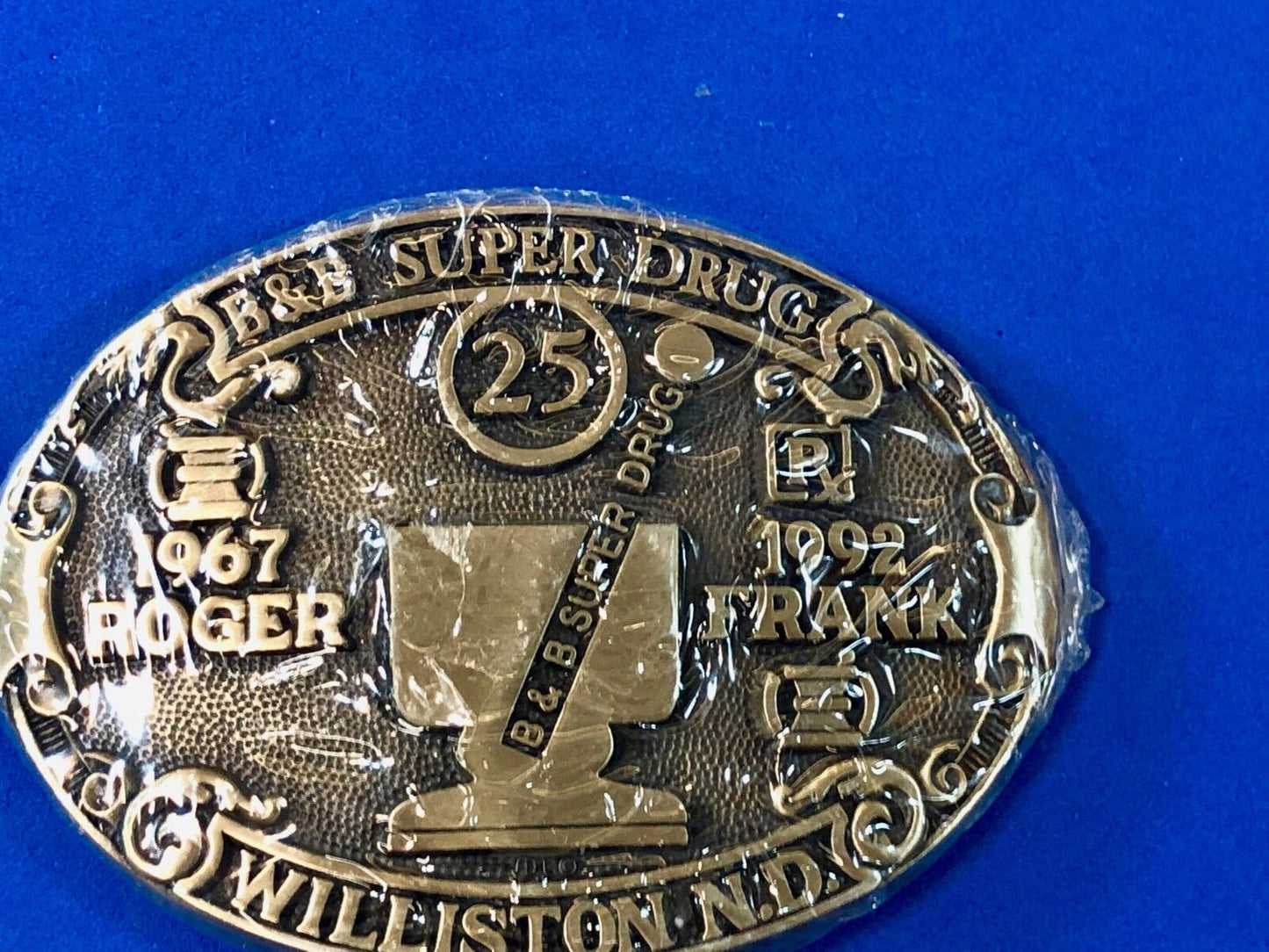 B&B Super Drug Store Roger Frank Williston ND Belt Buckle Advertising Promo