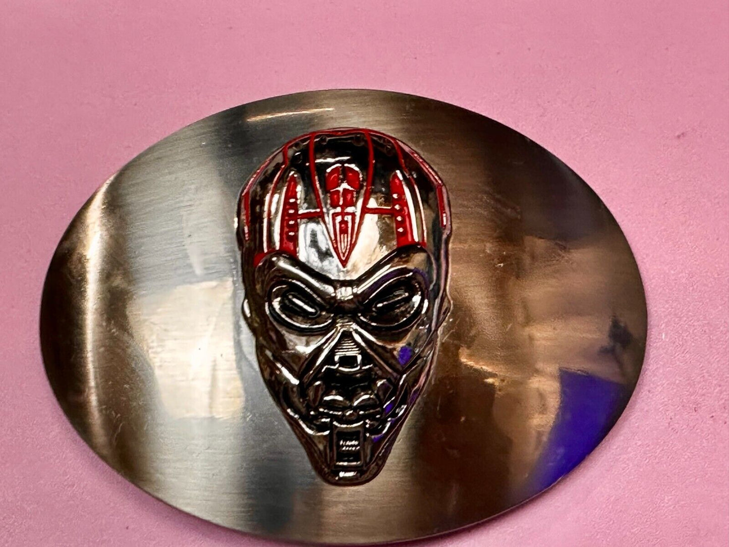 Terminator Skull Head Gothic Vibe Silver Tone Biker HUGE oval Belt Buckle