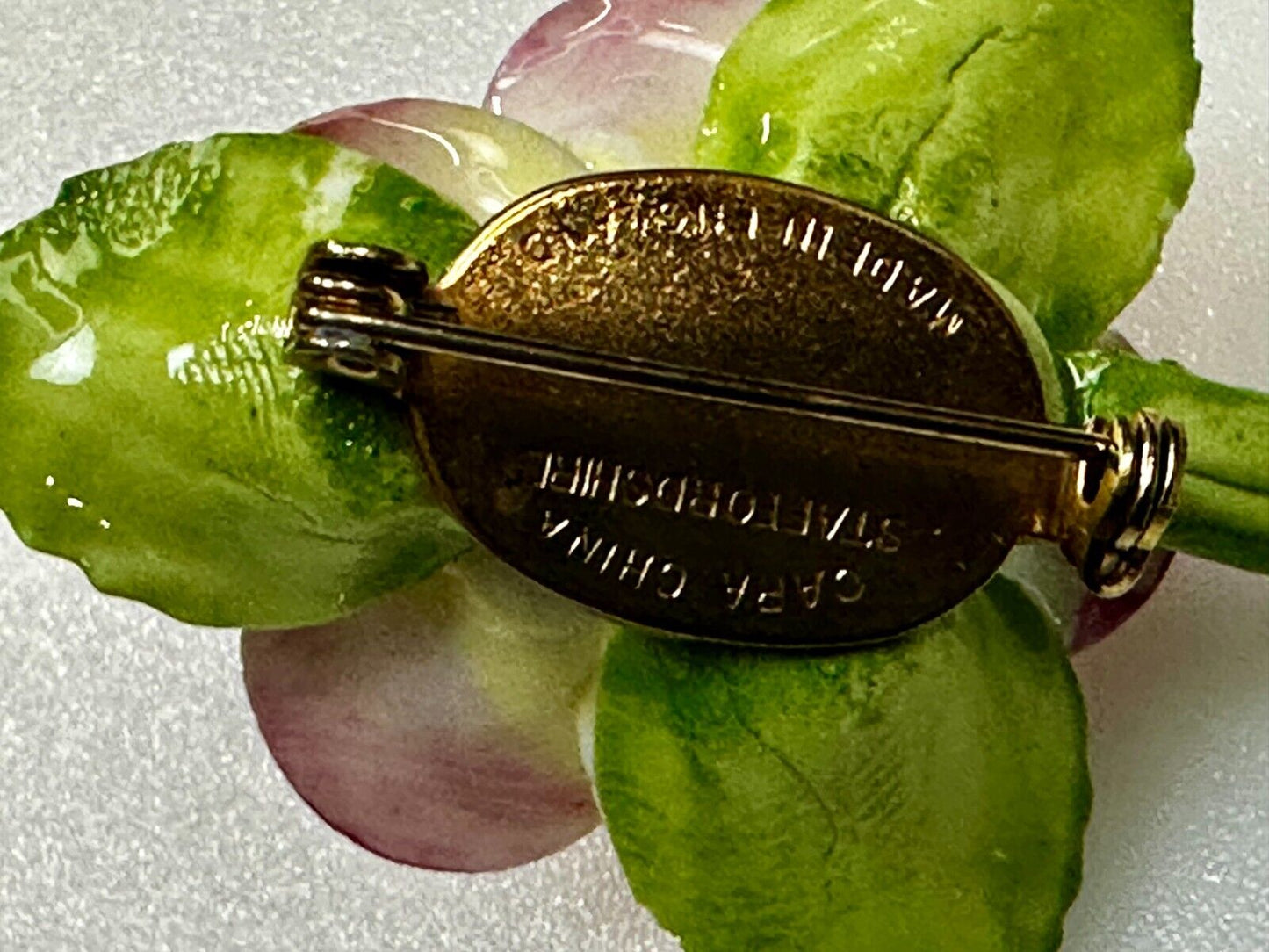 Beautiful Porcelain Rose Flower Brooch Pin Signed Cara China Staffordshire