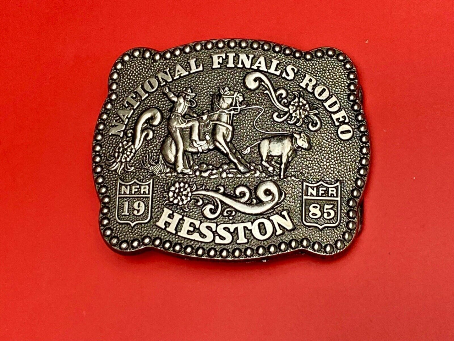 1985 Hesston YOUTH size Nation Finals Rodeo NFR Cowboy belt buckle