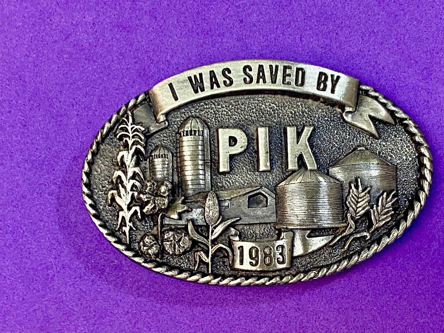 1983 "I Was Saved By PIK" Farm Agriculture Belt Buckle Iowa Premium & Supply Co