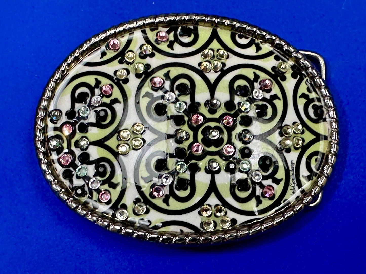 Artisan western oval girlie pink & green rhinestone accented belt buckle
