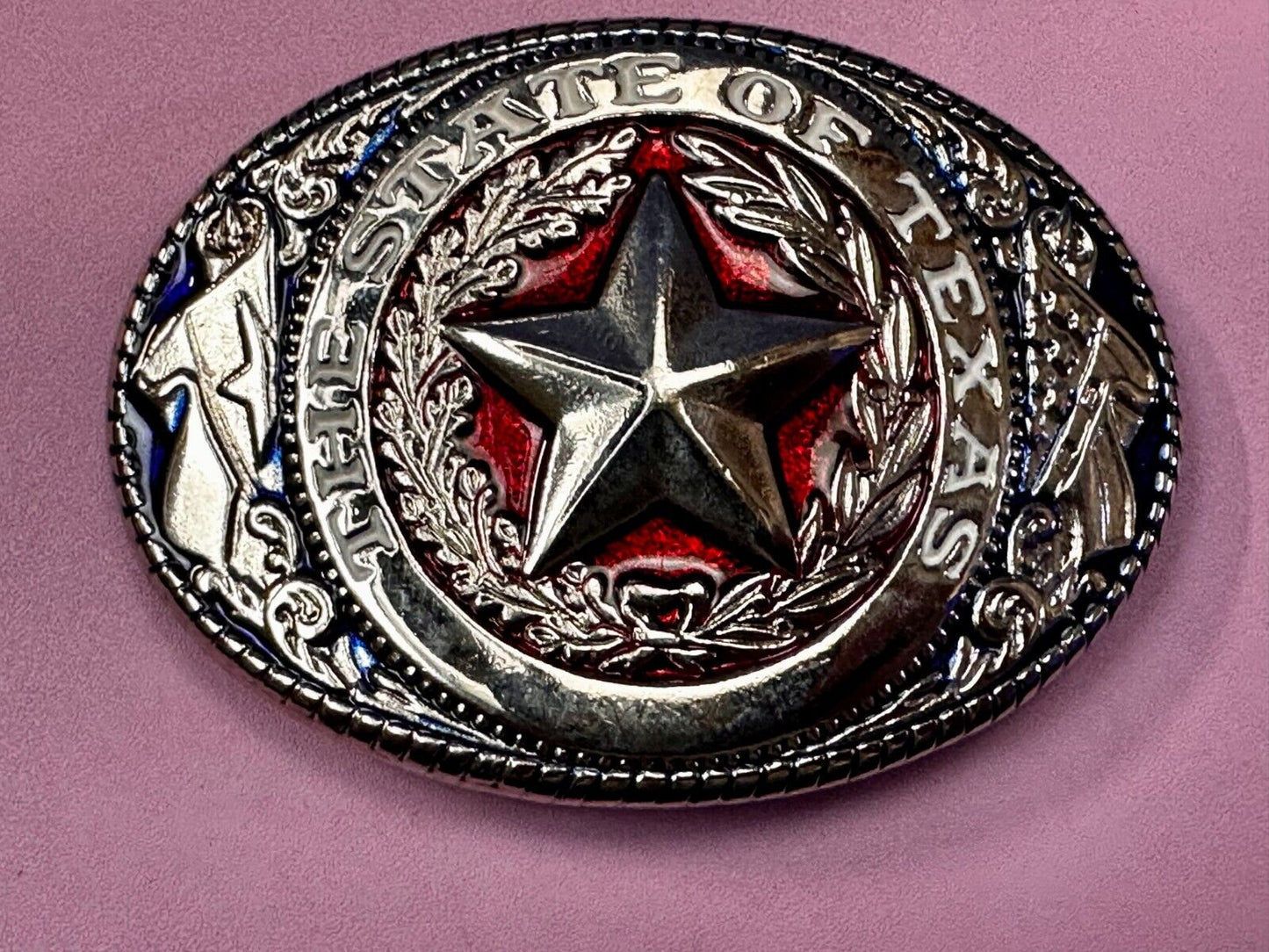The Great State of Texas - Flag & Star Vtg. Red Blue & Black Color Belt Buckle