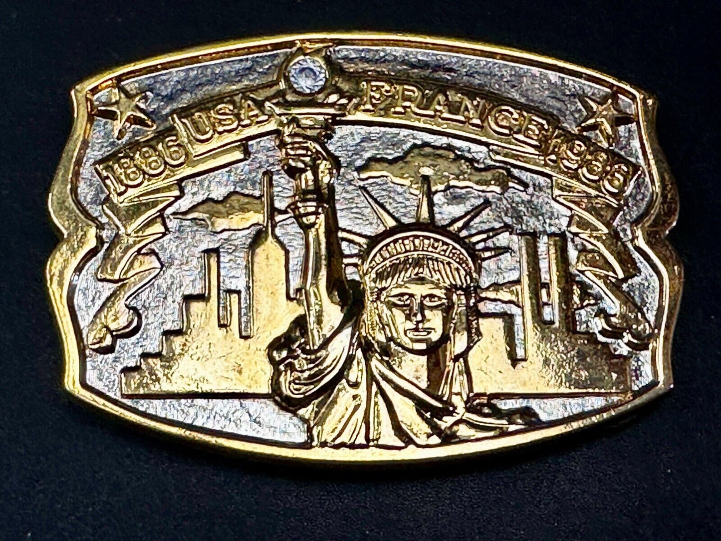 USA France Lady Liberty Statue Commemorative two tone Hammond Mint Belt Buckle