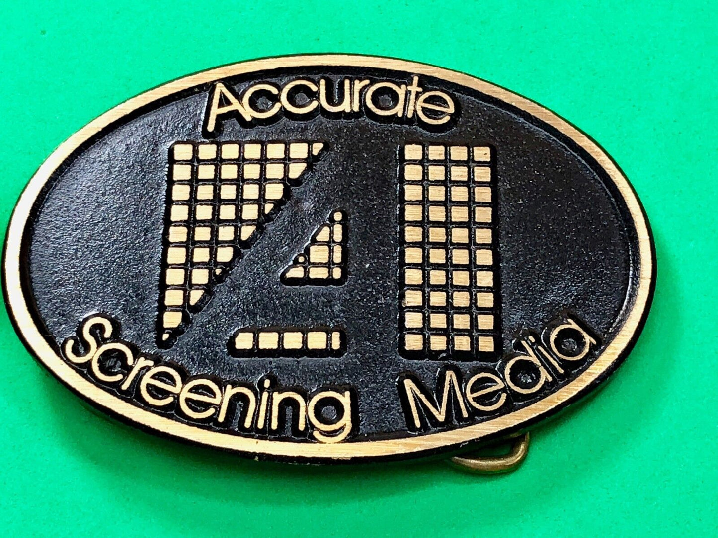 Vintage ACCURATE Screen media Belt Buckle Company Advertising Promo Logo Add