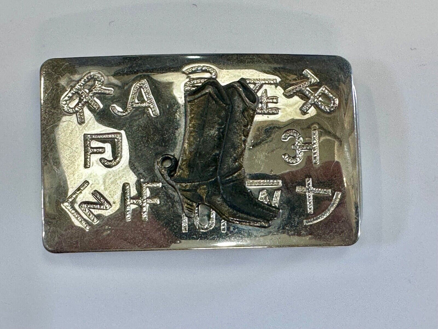 Vintage Chambers Western Cowboy Boots and cattle branding symbols belt buckle