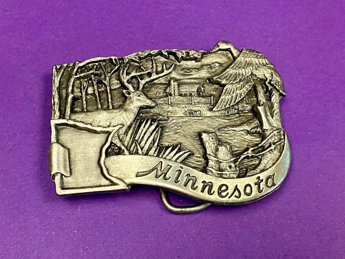 Vintage 1982 Minnesota Beautiful State Deer River Belt Buckle By Siskiyou