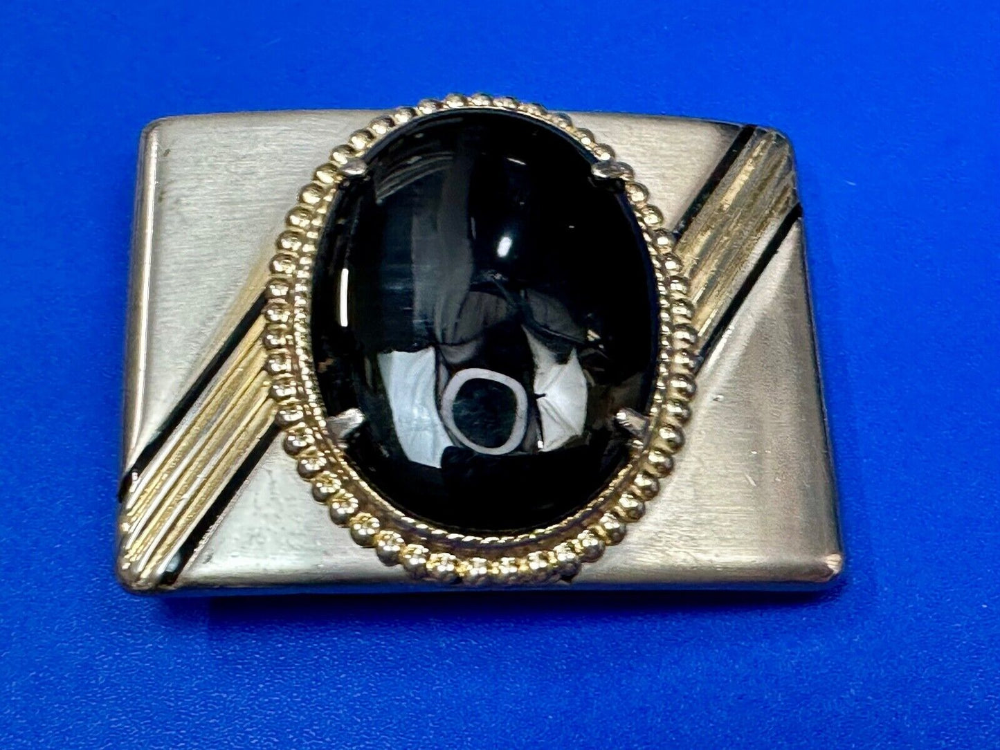 BALCK AGATE Cabochon Stone Centerpiece on retro sideways striped Belt Buckle
