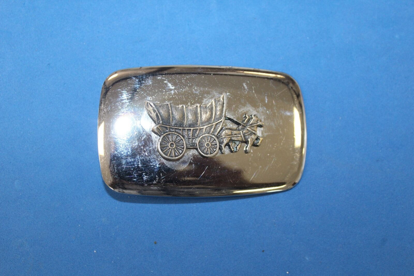 Vintage belt buckle, Made in USA, Conestoga covered wagon and horses