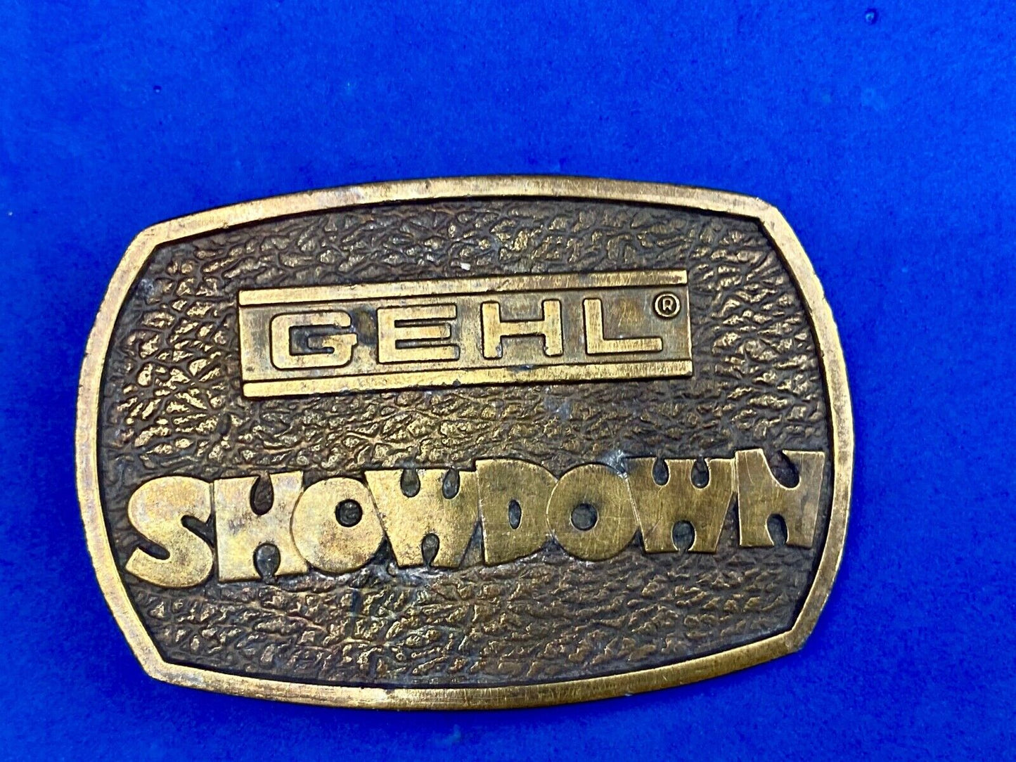 Vintage 1976 GEHL Showdown belt buckle by Bergamot - Farm Equipment Machinery
