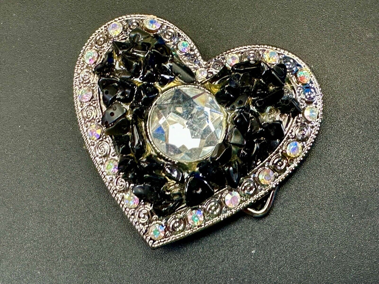 Black Chunky HEART clear rhinestone boarder large Clear centerpiece belt buckle