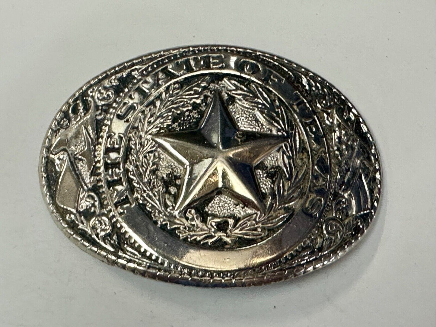 The Great State of Texas Star & Flag Silver color USA made western belt buckle