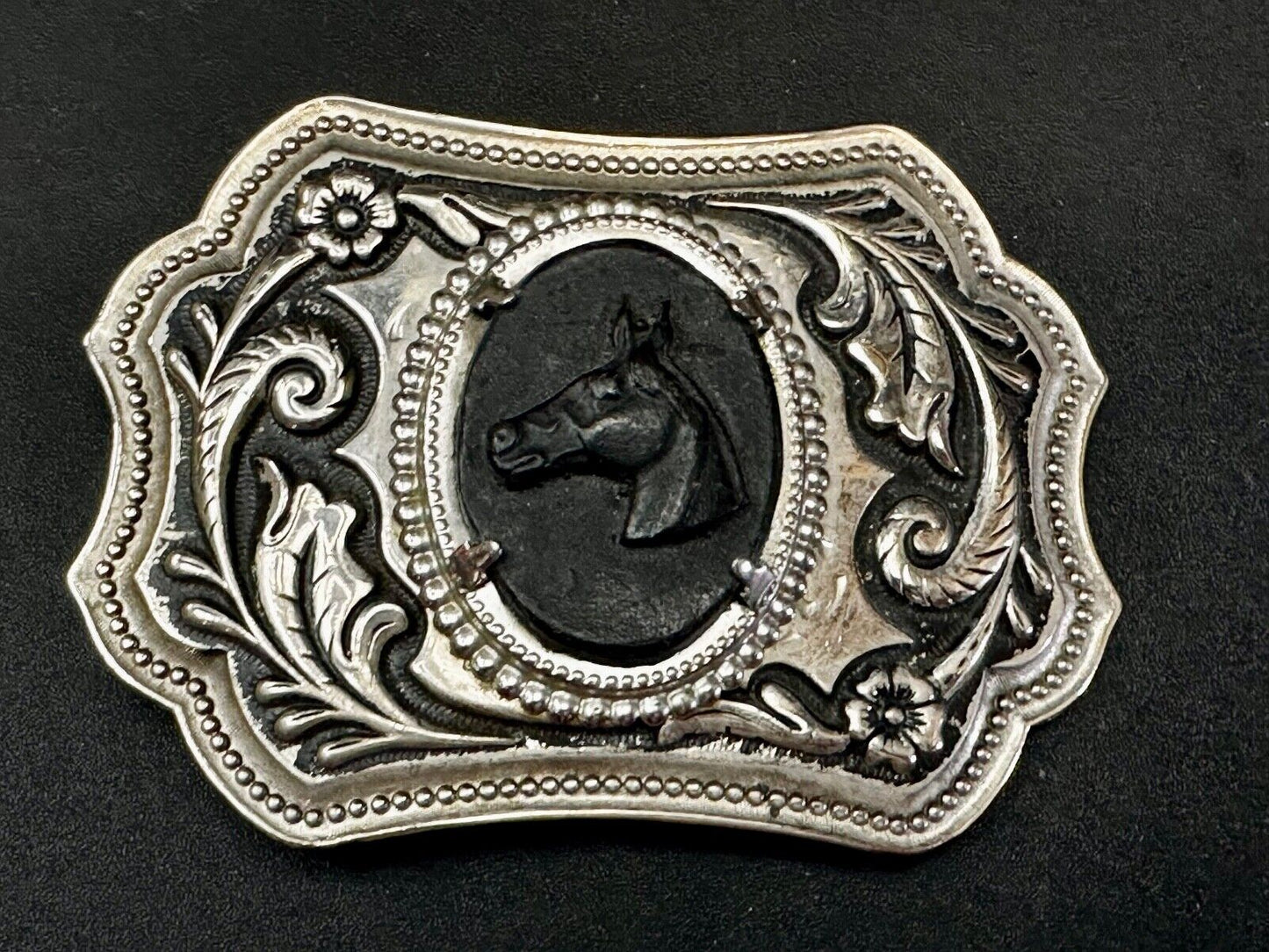 Black Horse Head Cabochon Cab Shaped Centerpiece on Western Belt Buckle