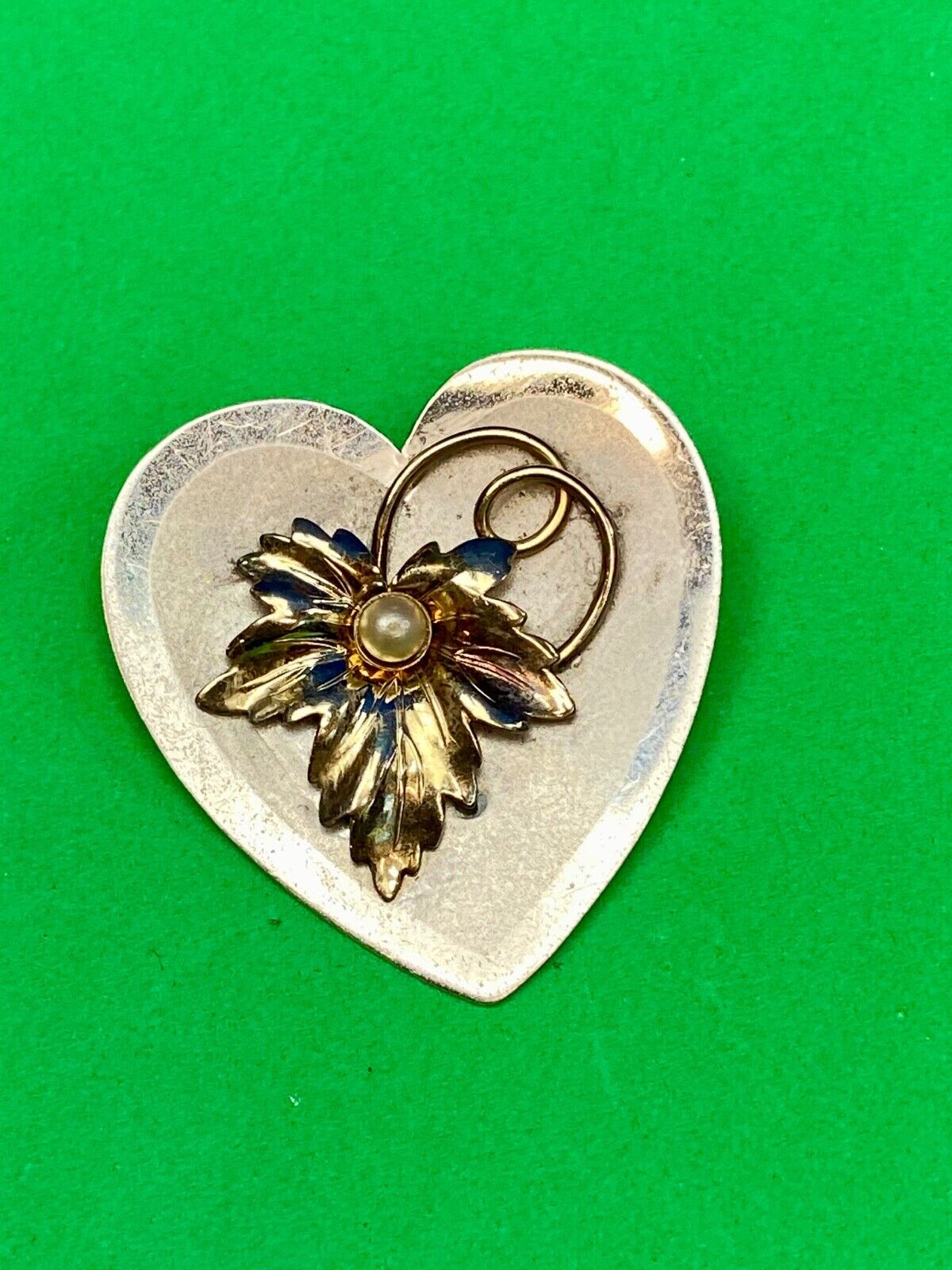 Vintage Heart Shaped Sterling Silver 925 Brooch Pin with Leaf and Pearl 12K GP