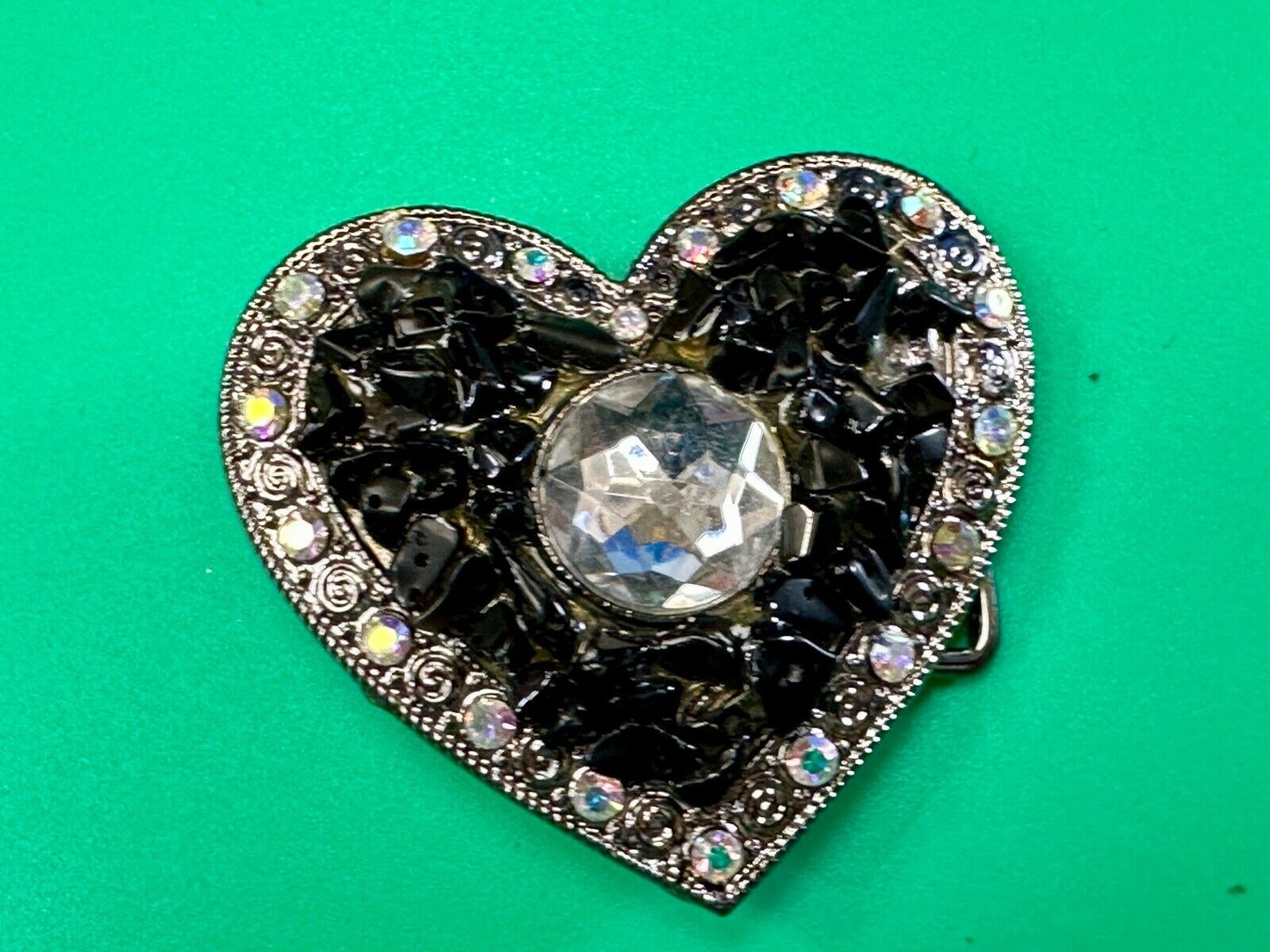 Black Chunky HEART clear rhinestone boarder large Clear centerpiece belt buckle