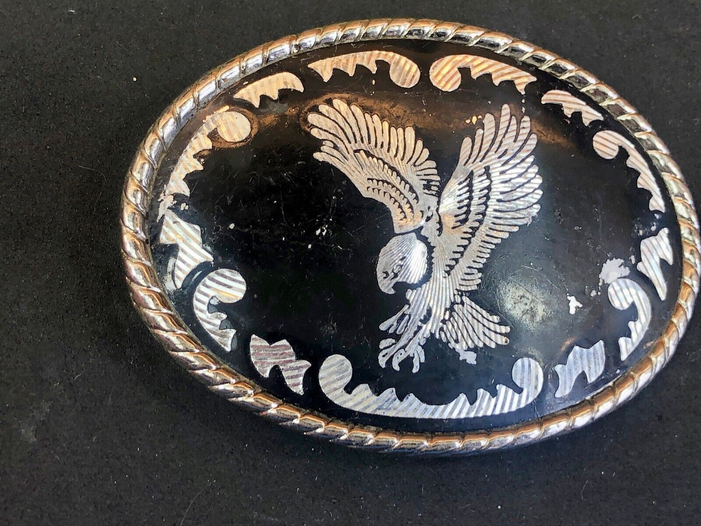 Black and silver color western belt buckle soaring eagle flying hunting diving w