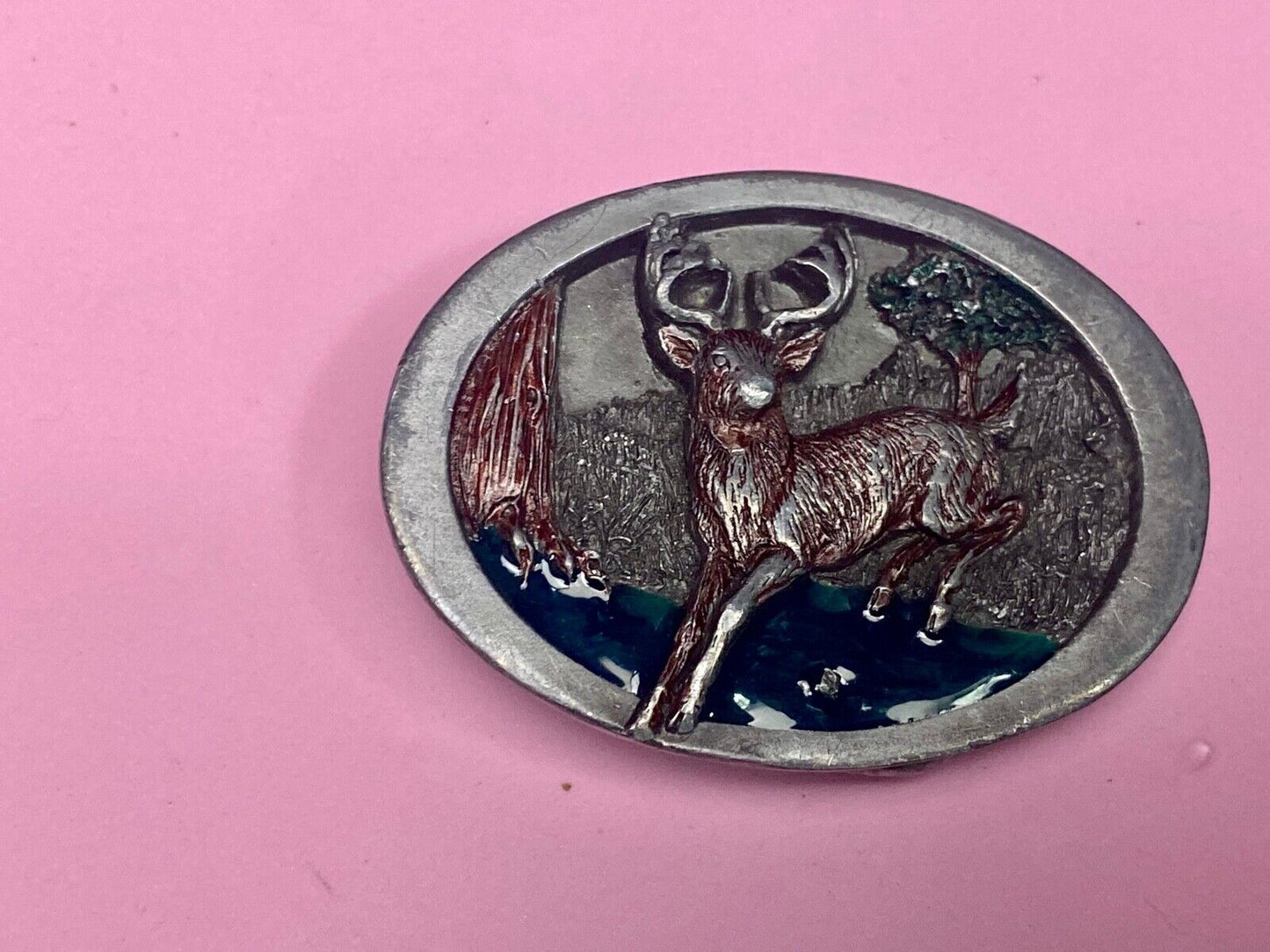 Vintage 1986 Deer In Nature C&J Inc Pewter Hunters Belt Buckle Cj1814