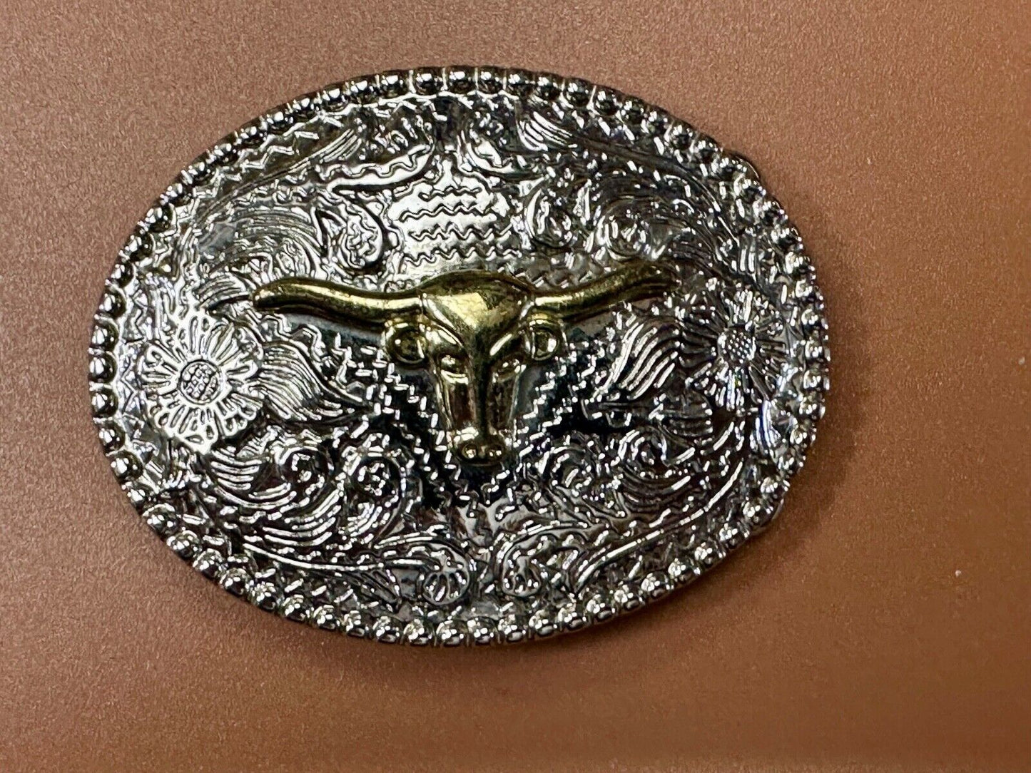 The Longhorn cow steer - cowboys cowgirls western two color oval belt buckle