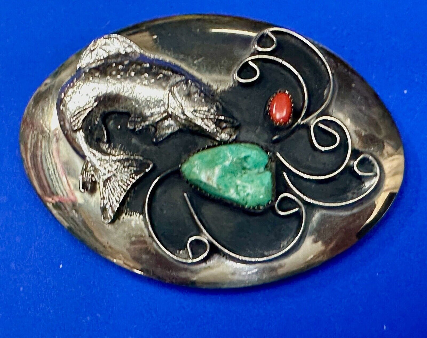 Bass Fish - Turquoise & Coral accented Native American Indian Style Belt Buckle