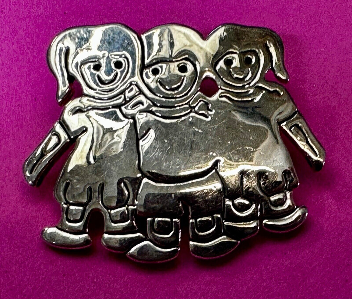 3 Children Kids Figure Cutout Silver Brooch Pin Signed by MJ