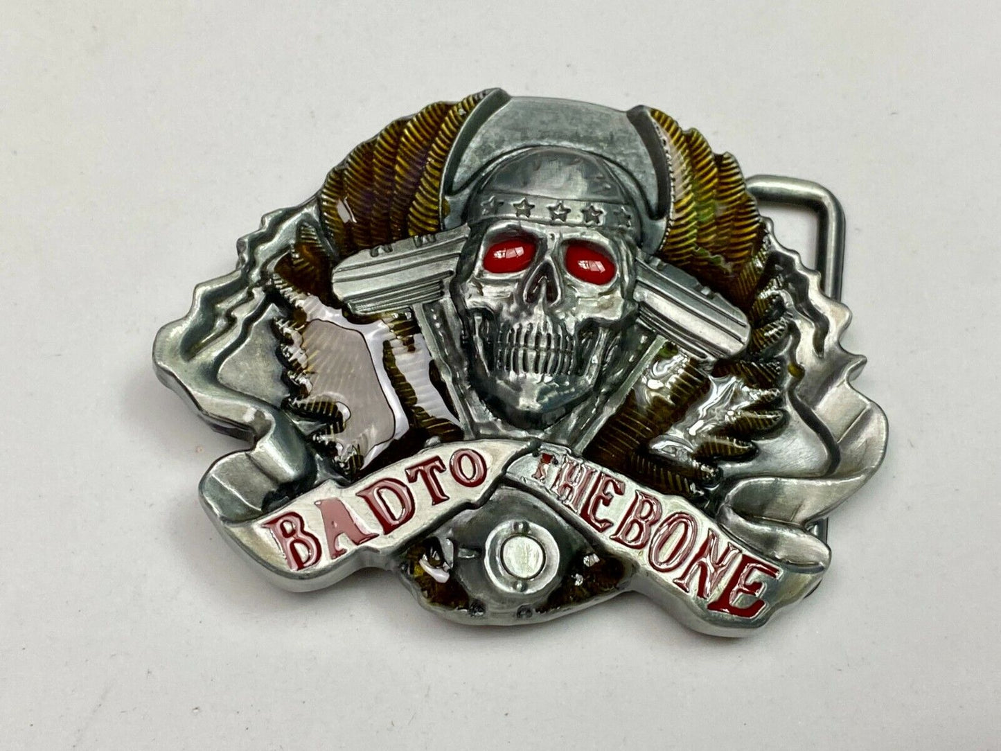 Bad to the bone - Red eyes Bikers Motorcycle Riders skull and wings belt buckle