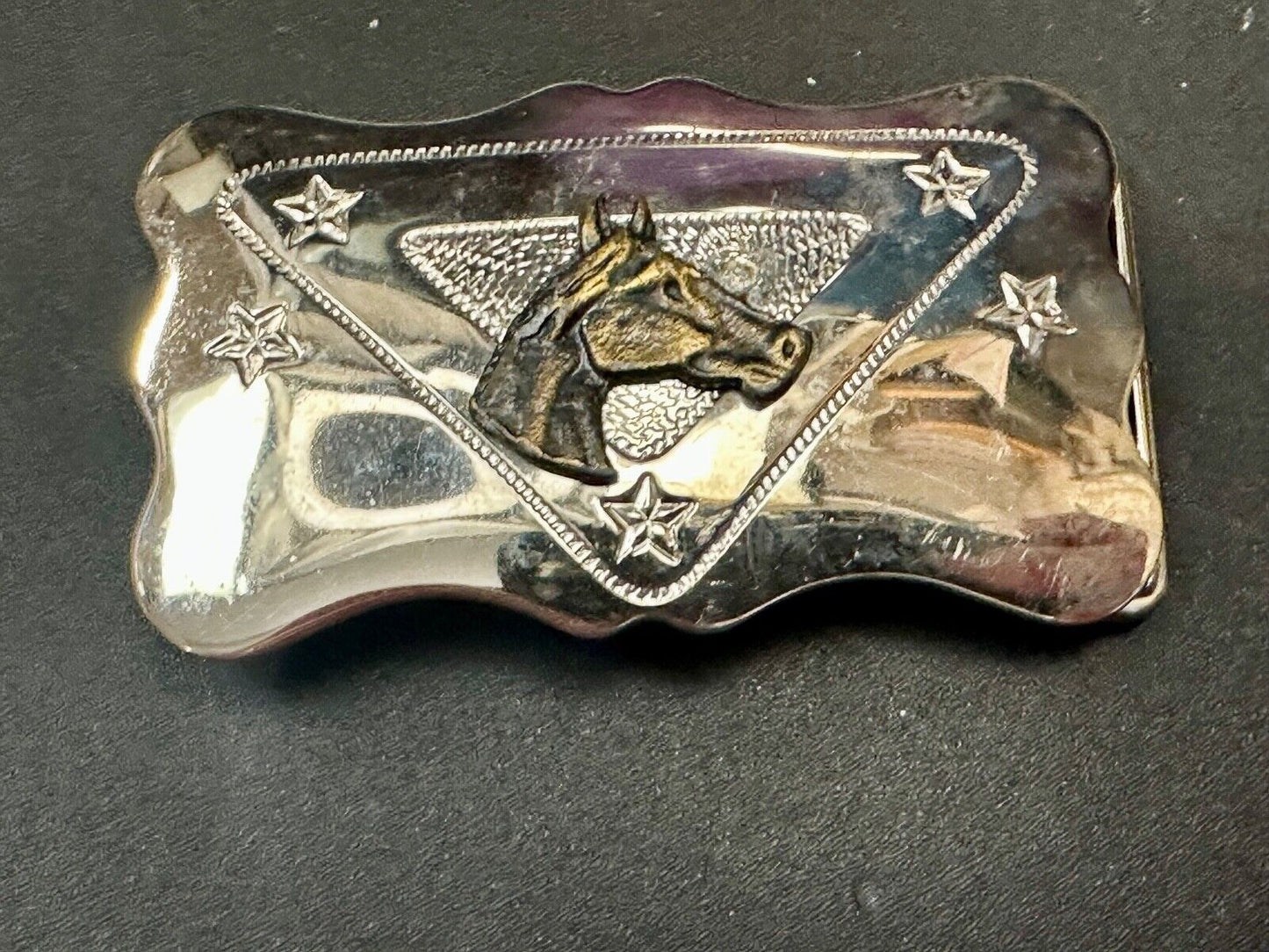 Vintage Chambers Horse head on reflective engraved USA made western Belt Buckle
