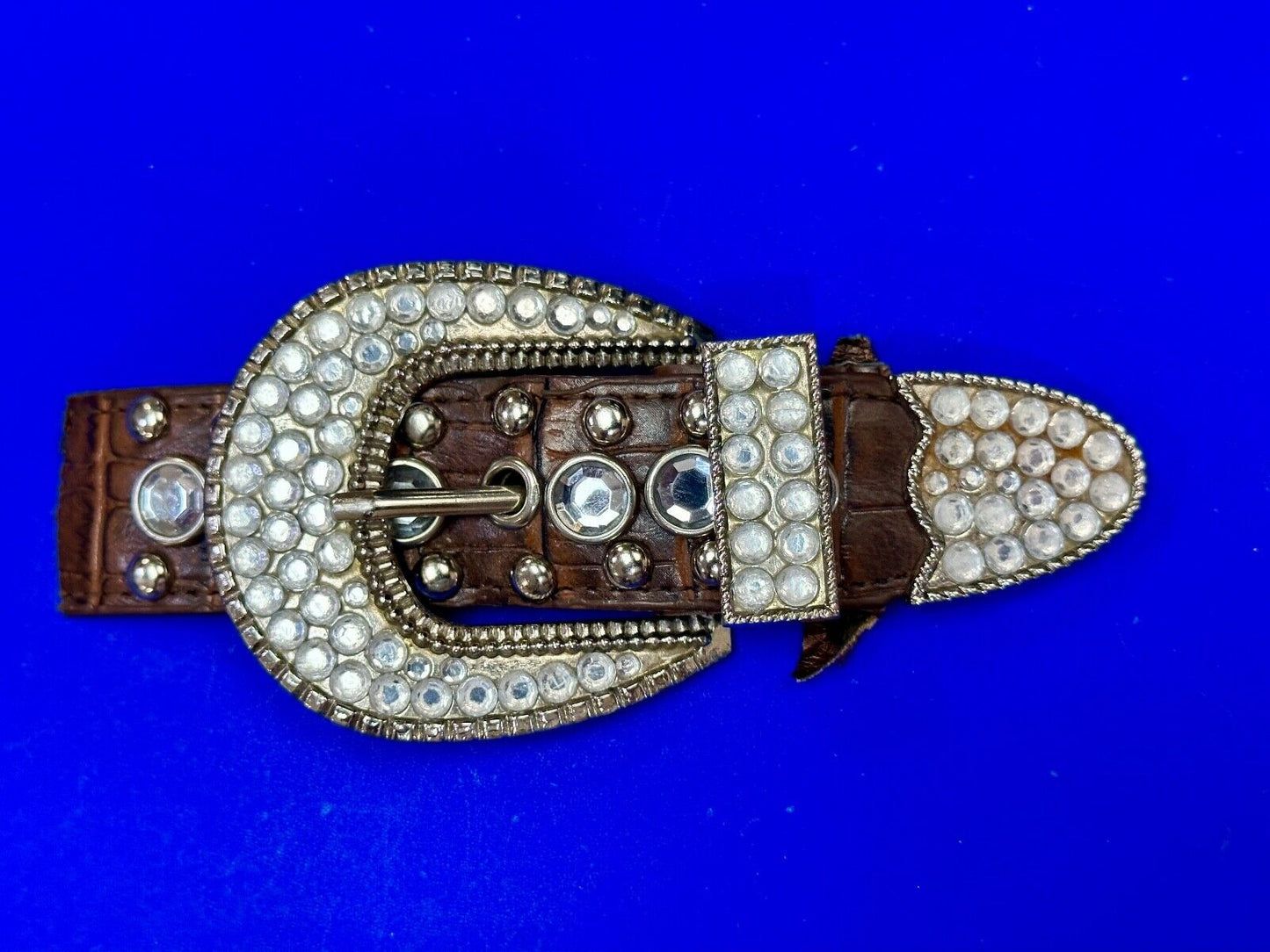 Three Piece western silver tone rhinestone ranger set belt buckle tip & keeper