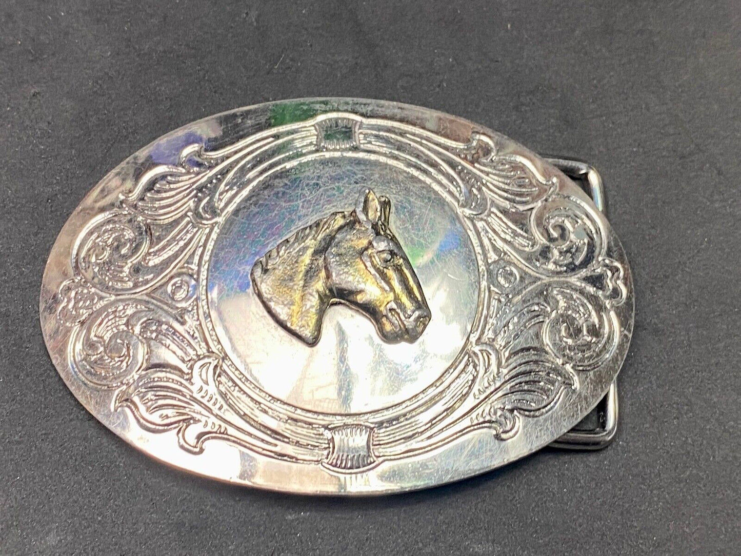 Beautiful Horse Bust Head Mixed Metal On Ornate Western Belt Buckle
