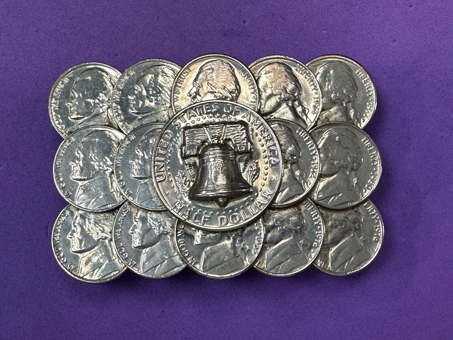 Artist Made Coin Cluster Liberty bell half dollar Nickels belt buckle