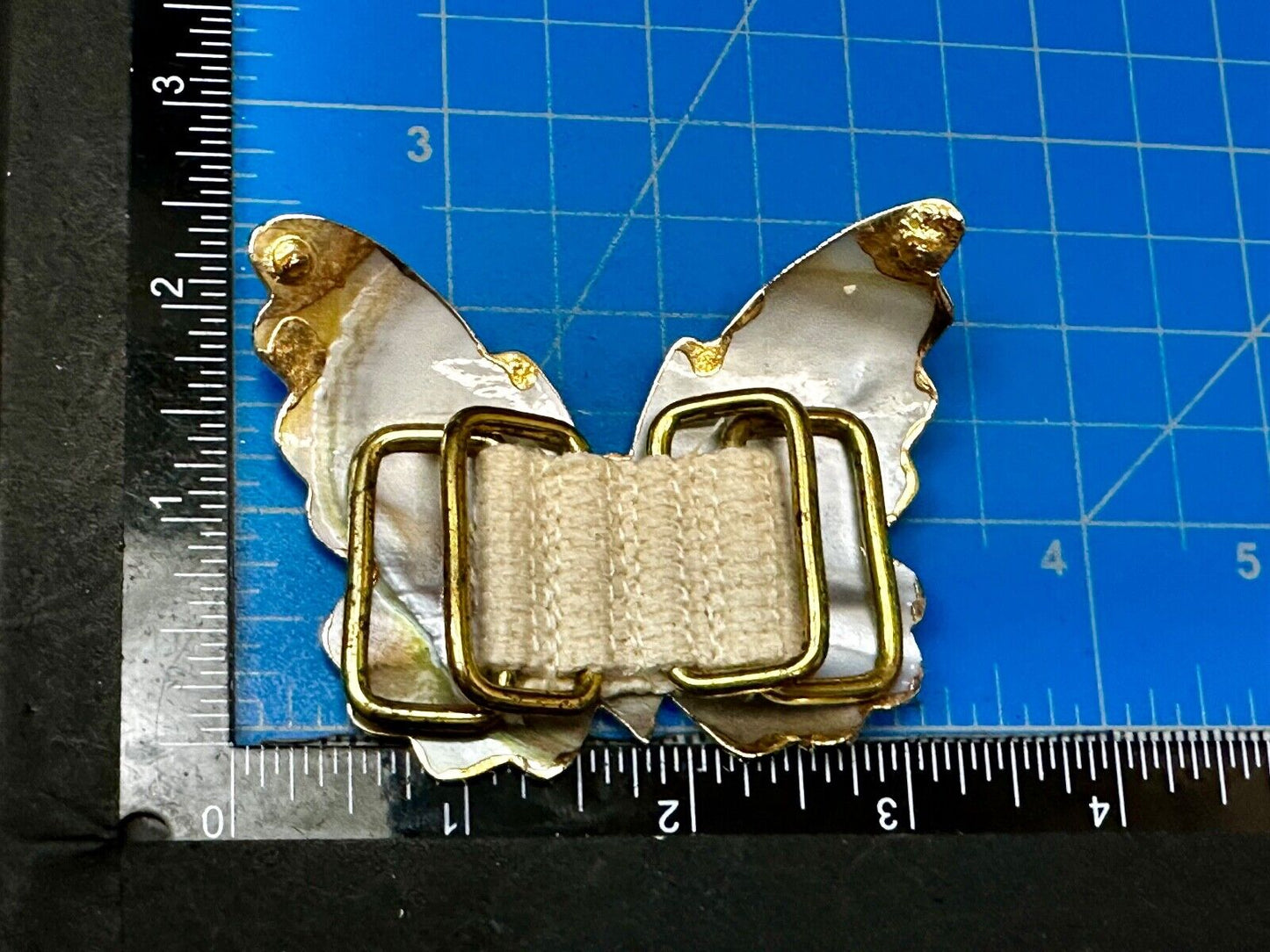 Vintage Butterfly Shaped MOP Mother of Pearl Cutout Gold tone Belt Buckle Slide