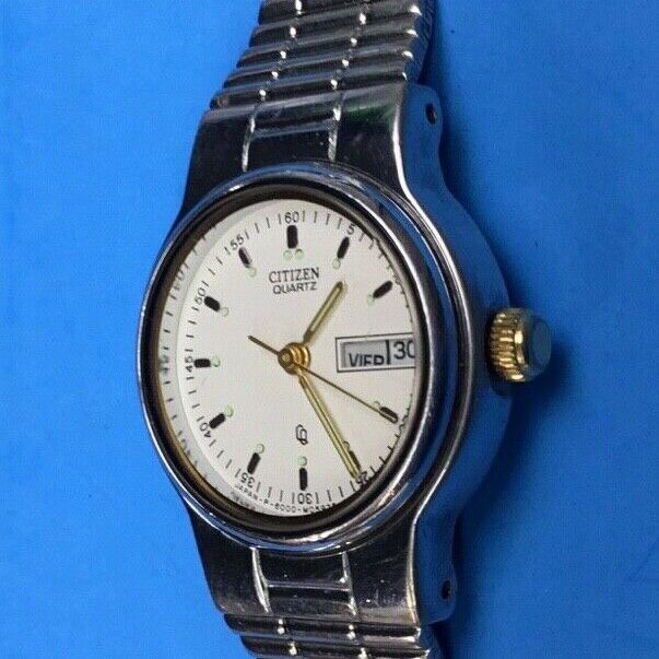 Vintage Citizen Cq Quartz Day Date 6000 Watchsilver Gold Mesh Ladies Women's