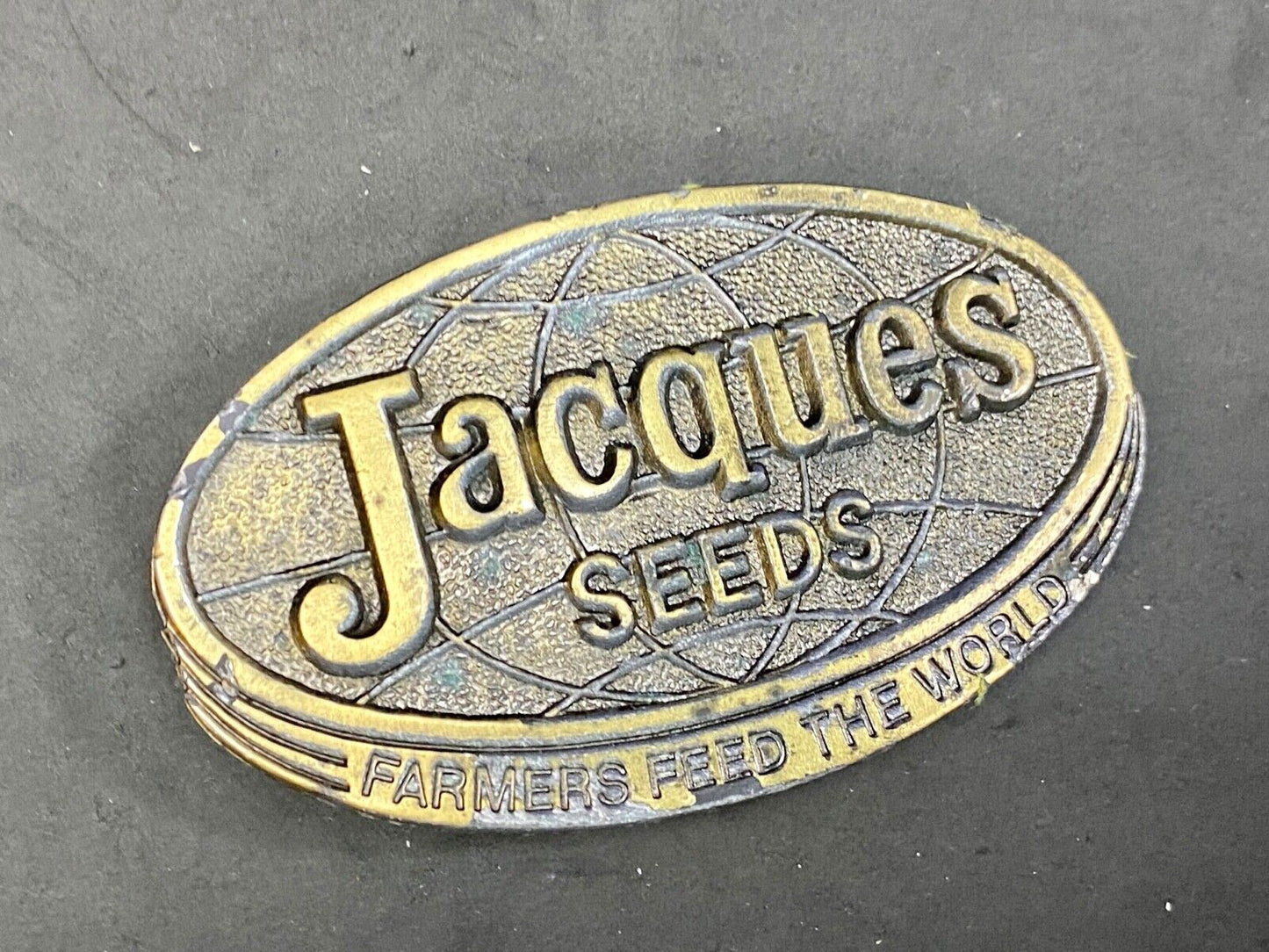 Vintage 1977 Jacques Seeds Farmers Feed The World Brass Tone Belt Buckle