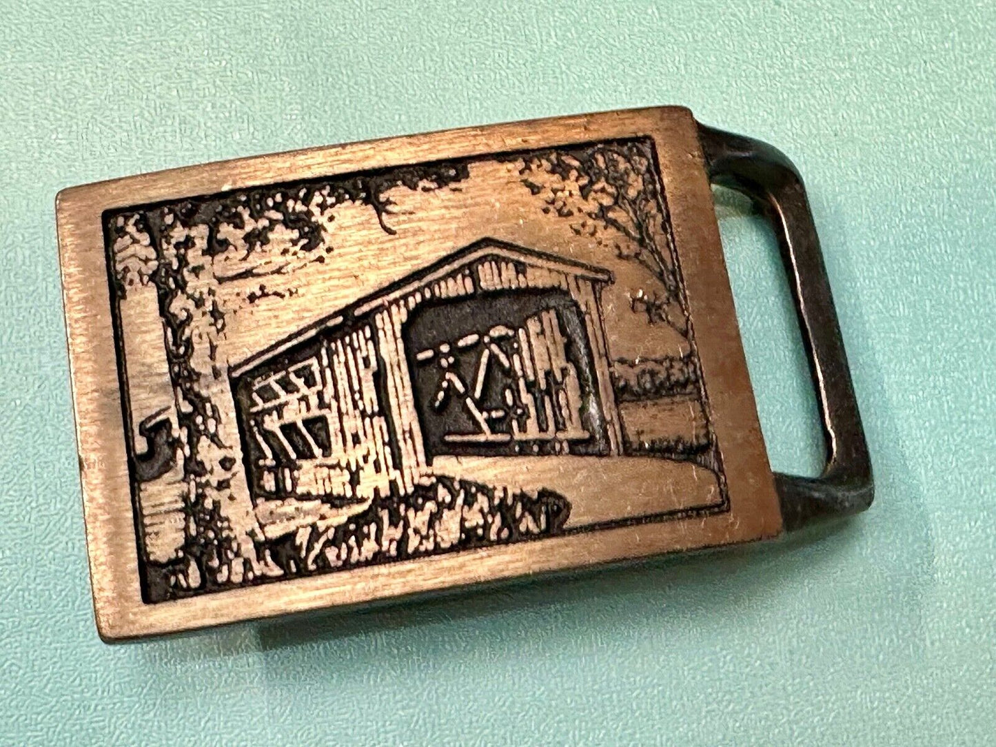 Tech Ether Guild Langley Bridge Covered Bridges Hippie Solid Brass belt buckle
