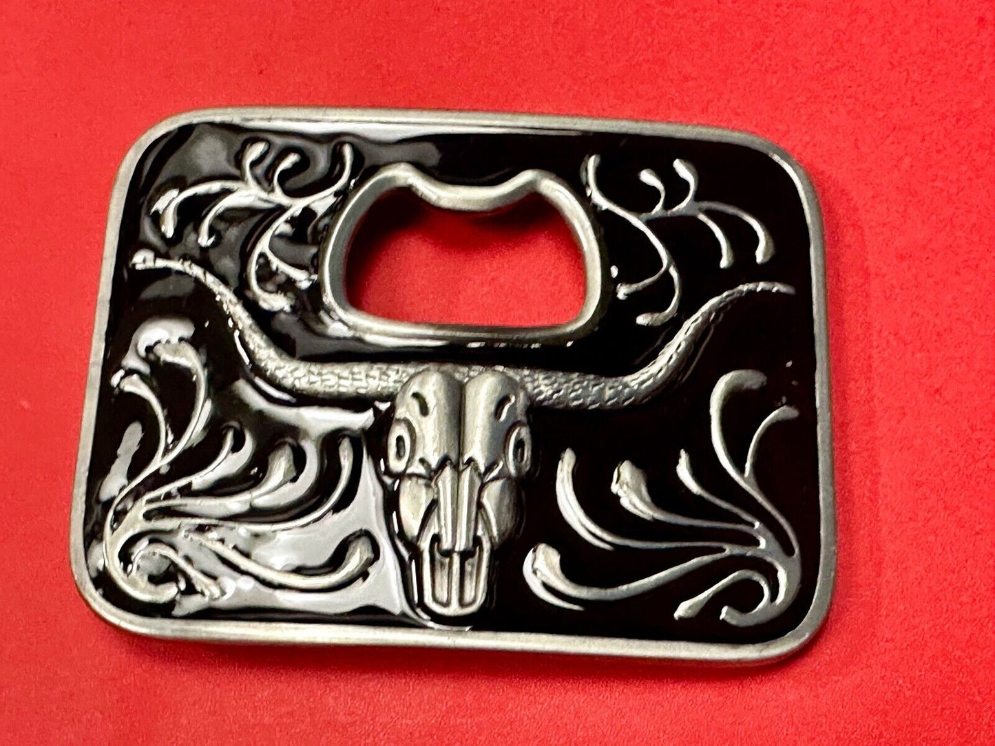 Texas longhorn - black and silver color belt buckle bottle opener