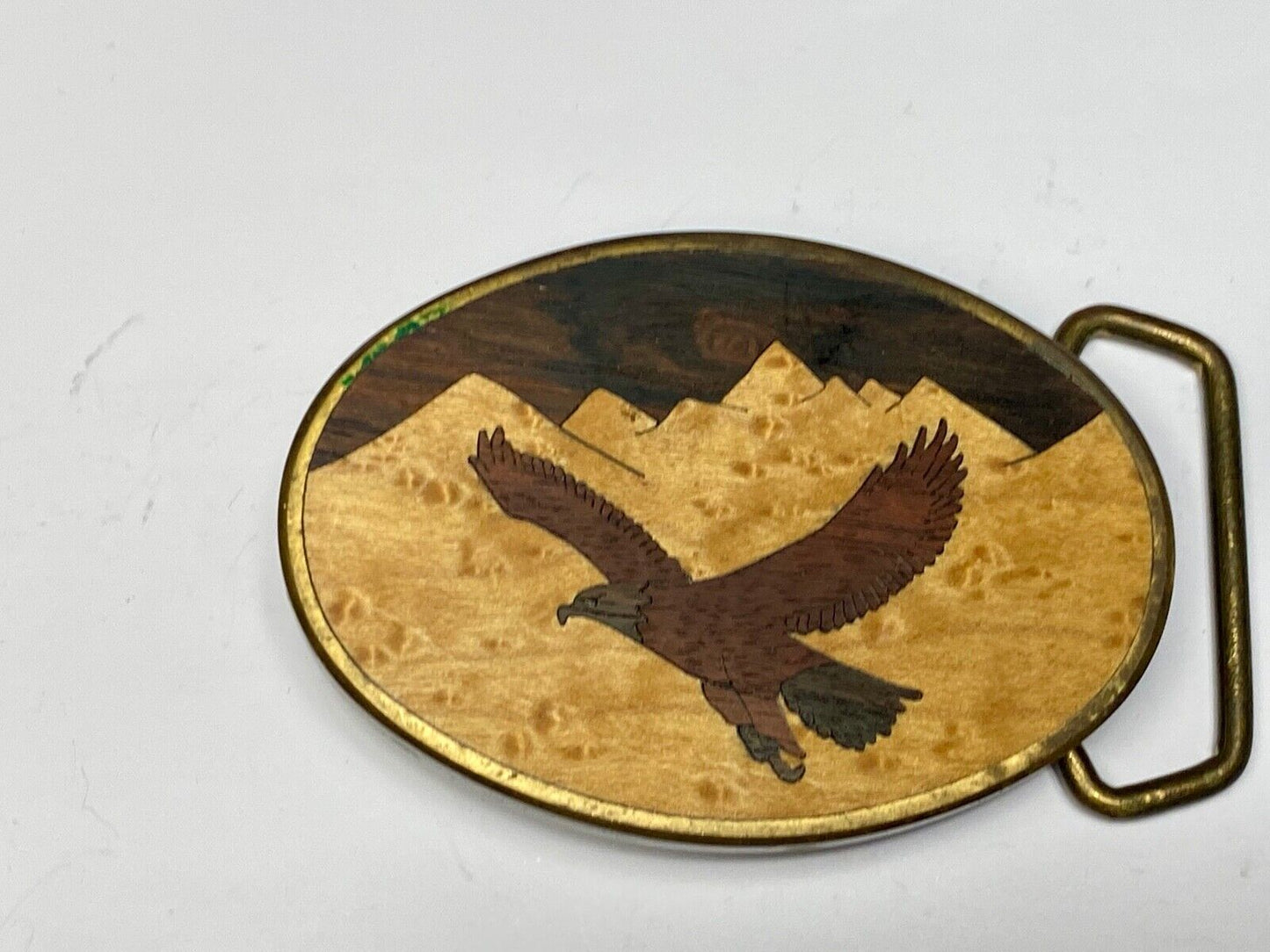Vintage 1983 The great American Eagle mixed wood on solid brass BTS belt buckle