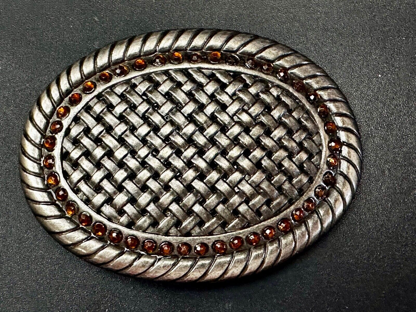 Basket Weave Design Rhinestone Border Vintage Metal Oval Belt Buckle