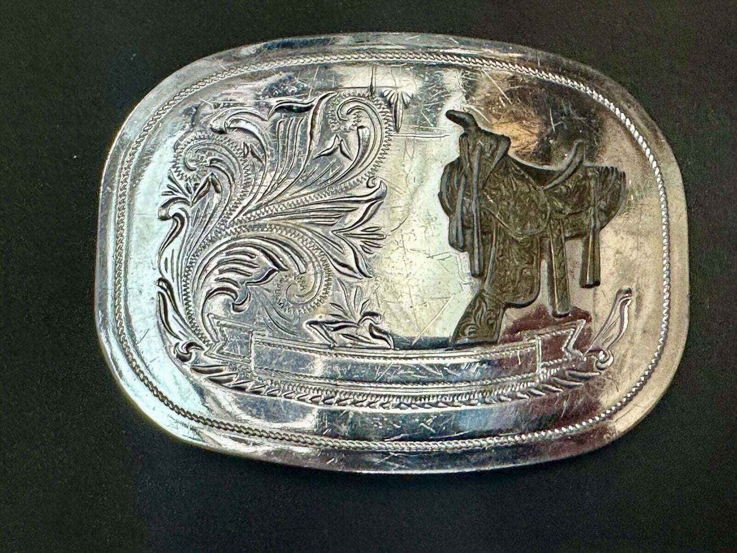 Vintage Cowboy Horse Saddle western belt buckle - blank award ribbon