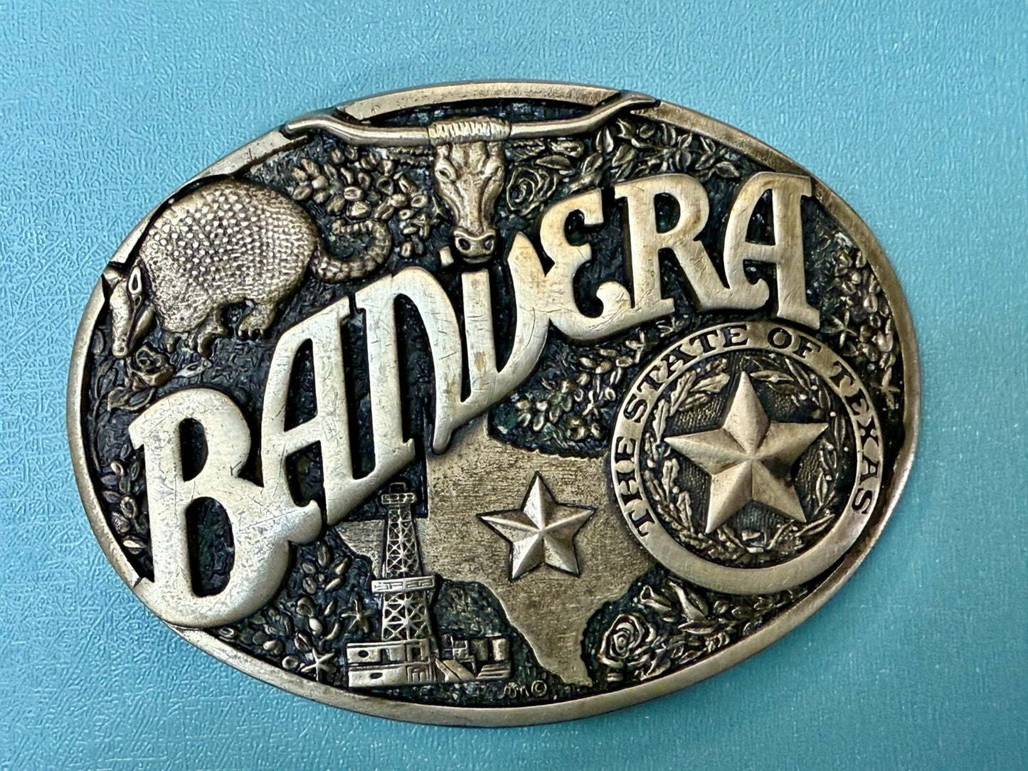 Bandera Texas State Seal , Oil, Star, Longhorn Vtg ADM Solid Brass Belt Buckle