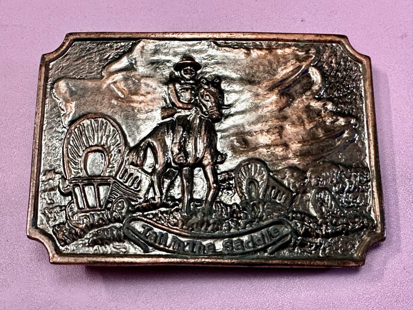 Tall in the Saddle Wagon Cowboy Horse Western Art Scene Vintage Belt Buckle