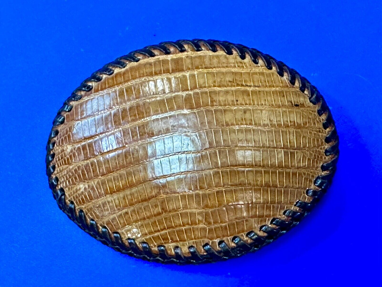 Beautiful lizard Skin brown leather vintage belt buckle with black stitching